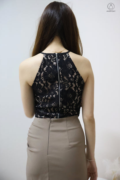 Ayla Halter Lace Top In Black