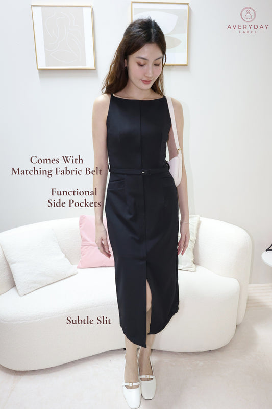 Bayre Halter Pocket Slit Belted Dress In Black