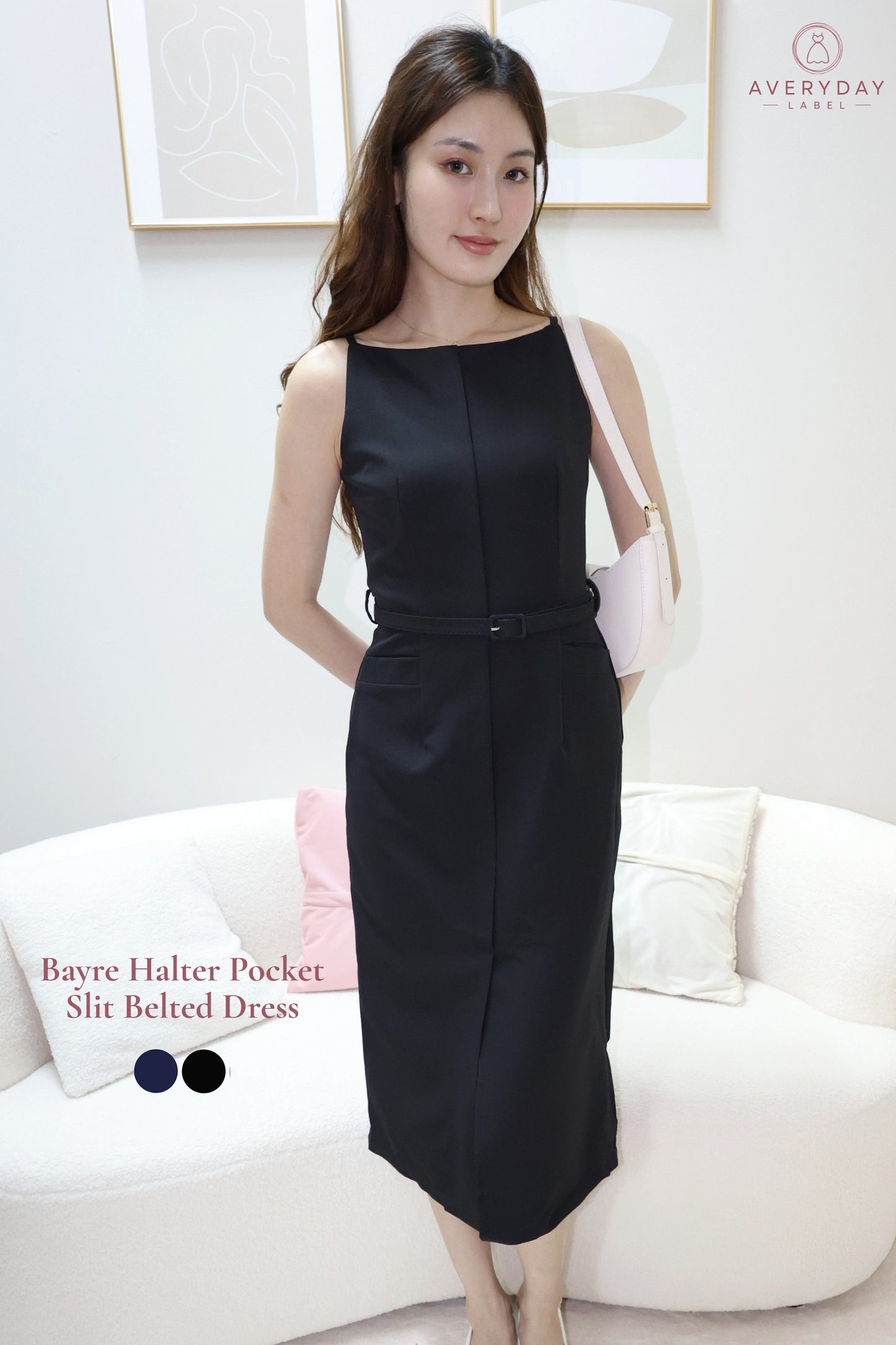 Bayre Halter Pocket Slit Belted Dress In Black