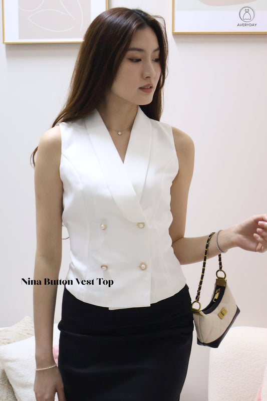 Nina Button Vest Top In White