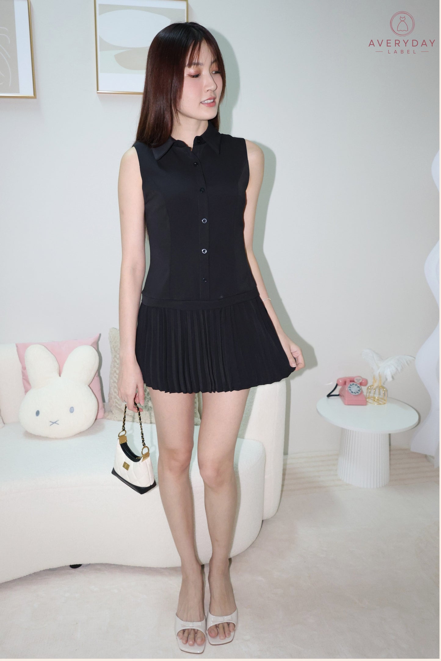 Bernice Pleated Romper Dress In Black