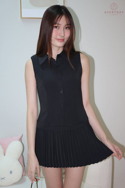 Bernice Pleated Romper Dress In Black
