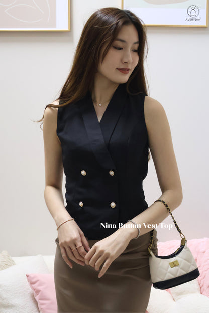 Nina Button Vest Top In Black