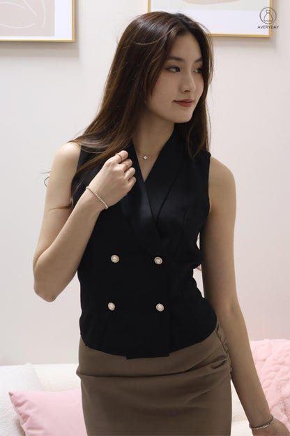 Nina Button Vest Top In Black