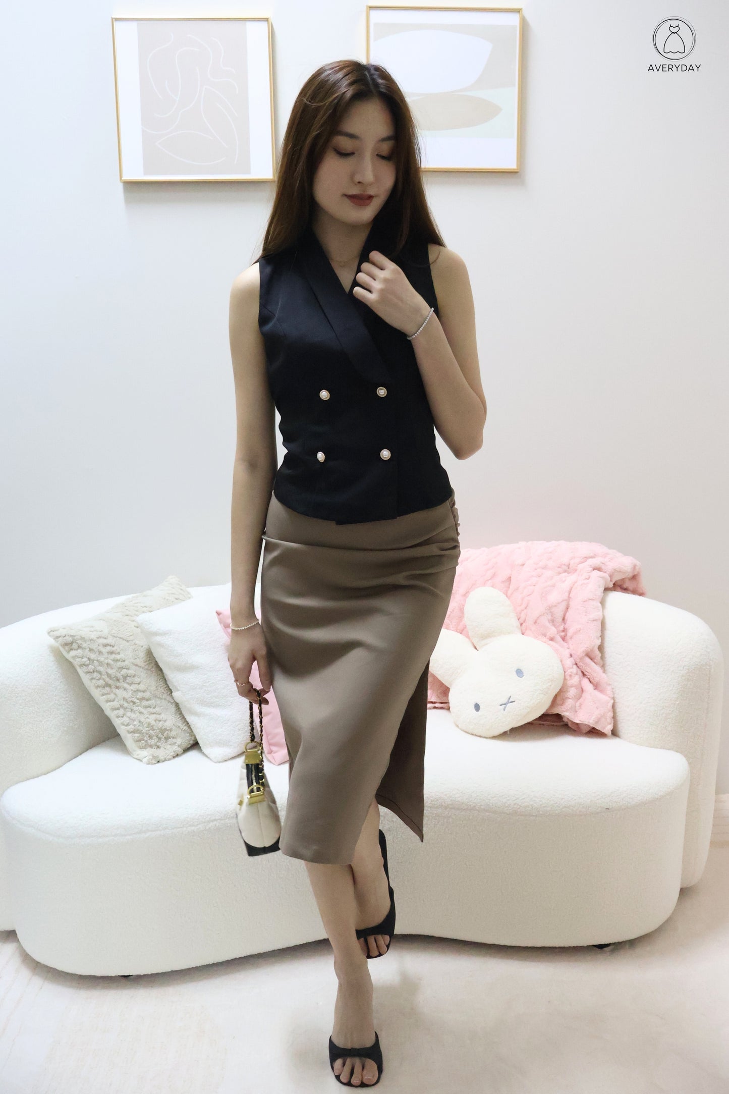 Nina Button Vest Top In Black