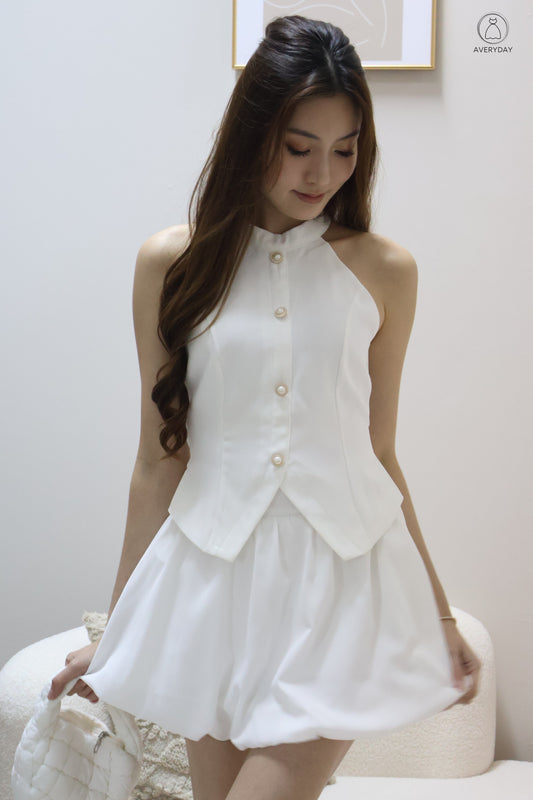 Axelle Pearl Button Halter Top In White