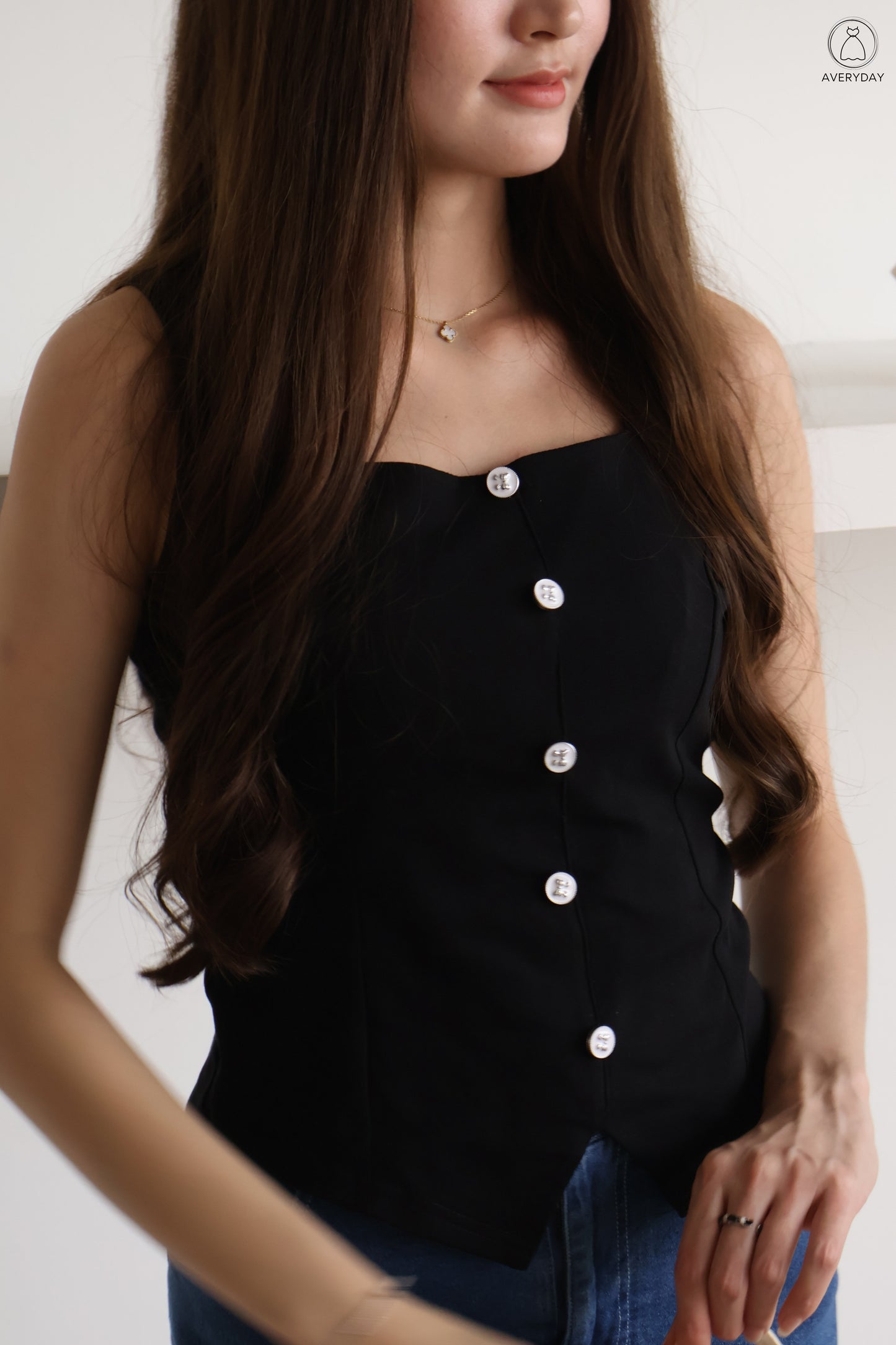 Calice Ribbon Button Square Neck Top In Black