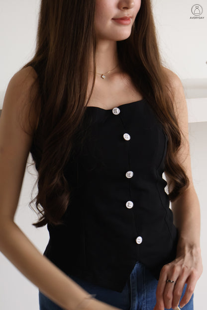 Calice Ribbon Button Square Neck Top In Black