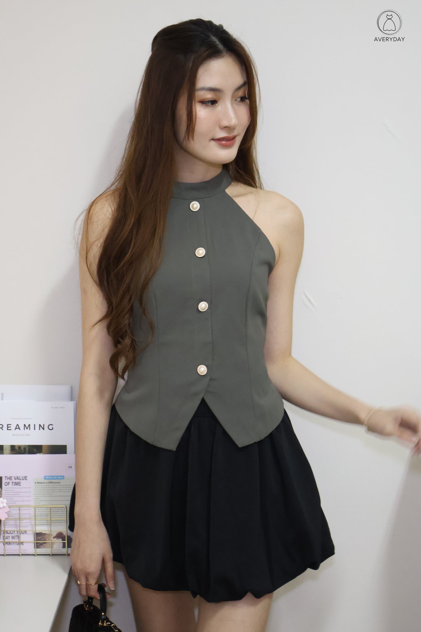 Axelle Pearl Button Halter Top In Camo