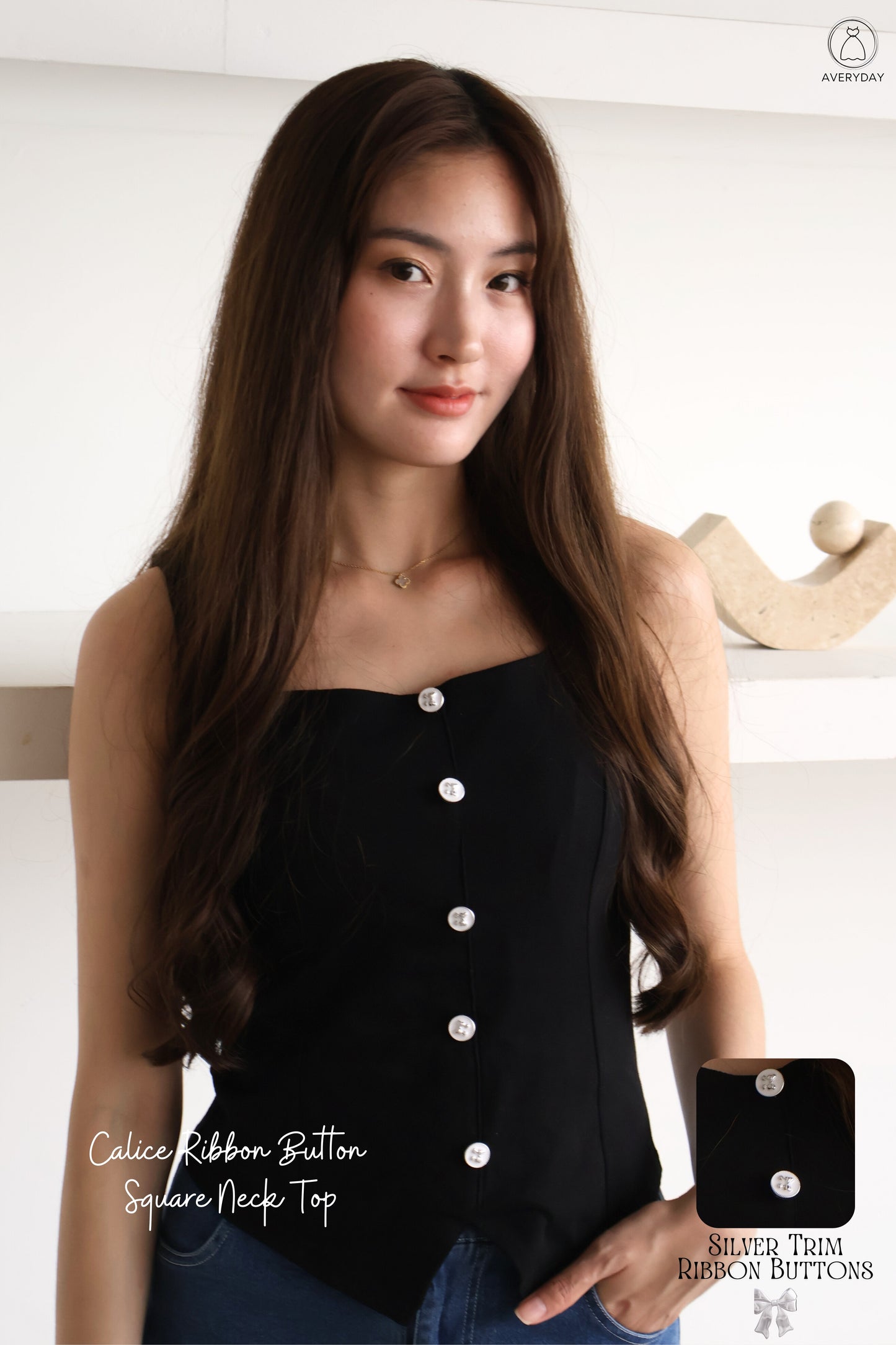 Calice Ribbon Button Square Neck Top In Black
