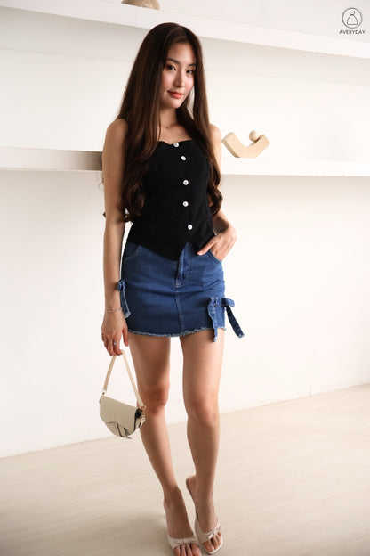 Calice Ribbon Button Square Neck Top In Black