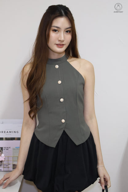 Axelle Pearl Button Halter Top In Camo
