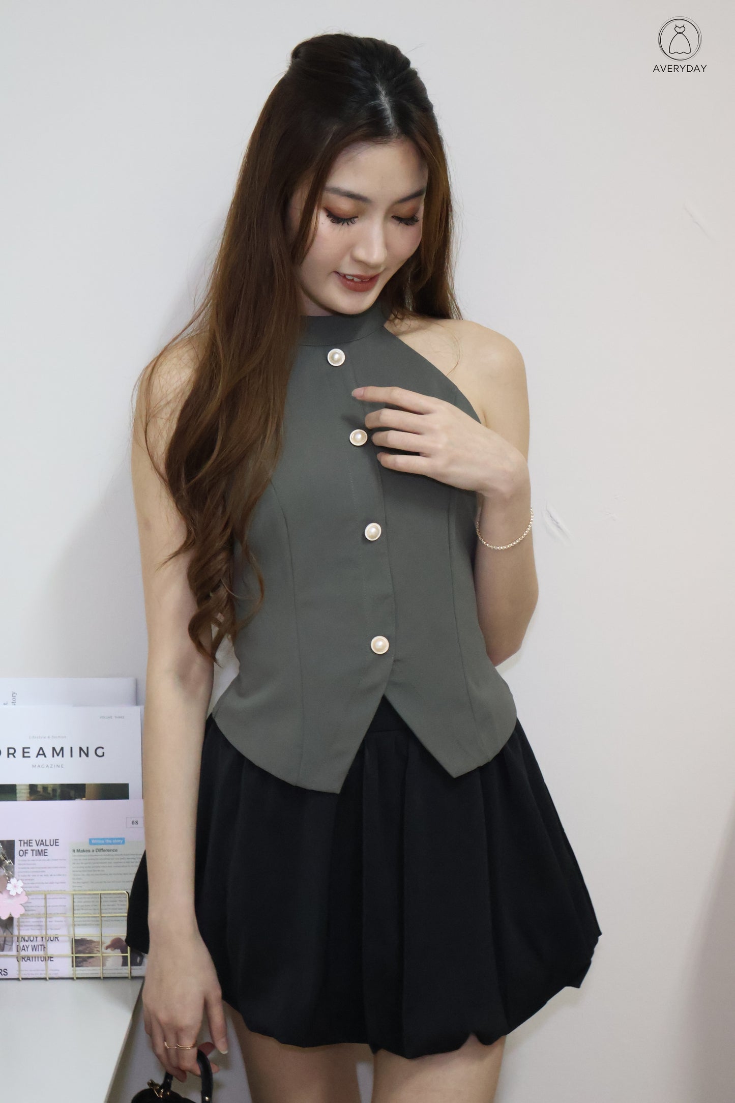 Axelle Pearl Button Halter Top In Camo