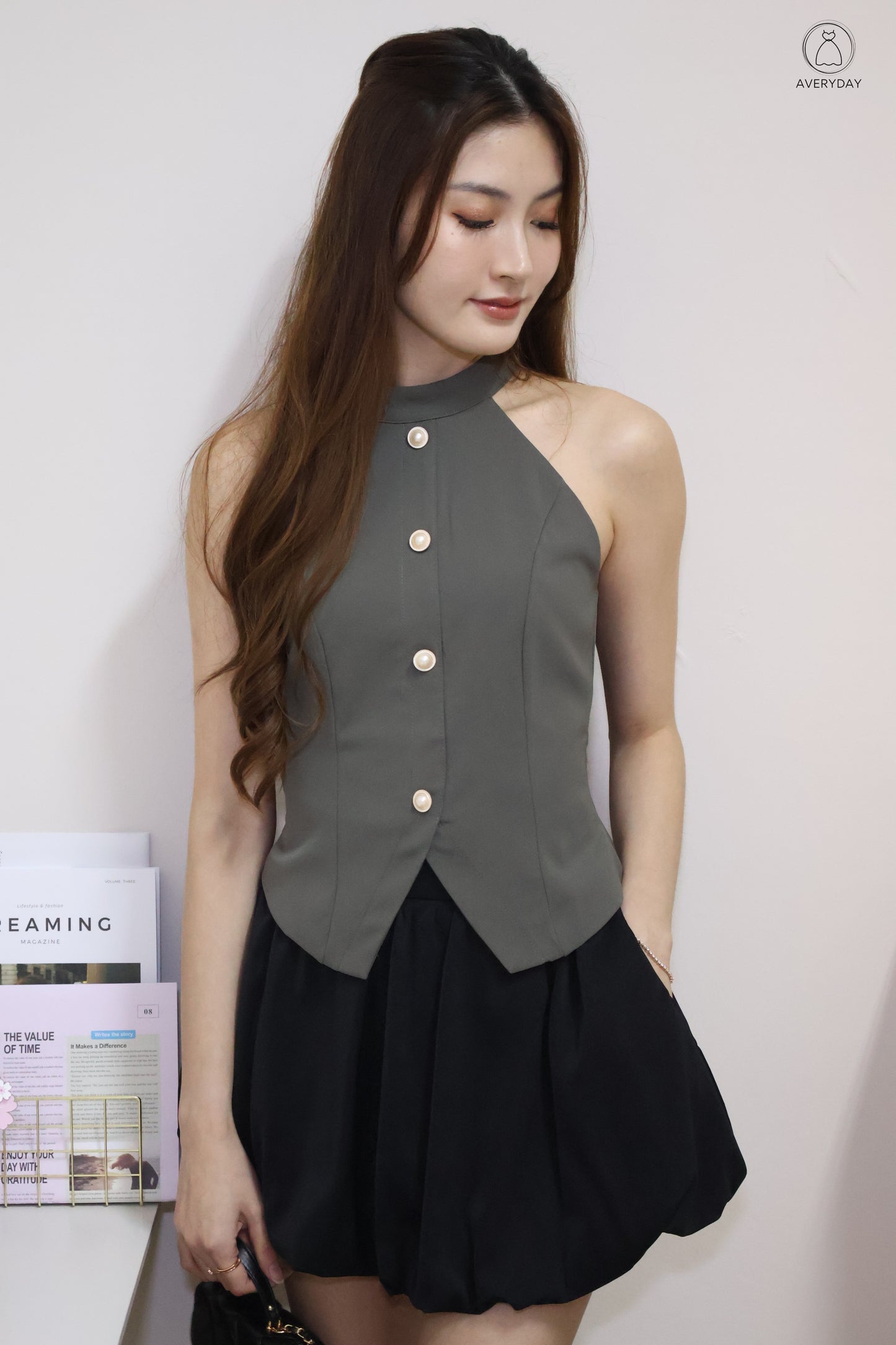 Axelle Pearl Button Halter Top In Camo