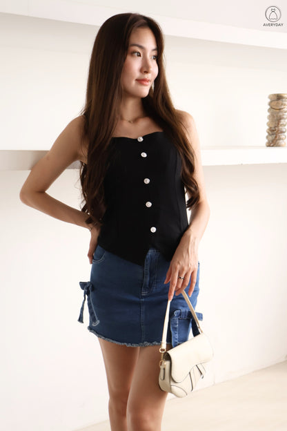 Calice Ribbon Button Square Neck Top In Black