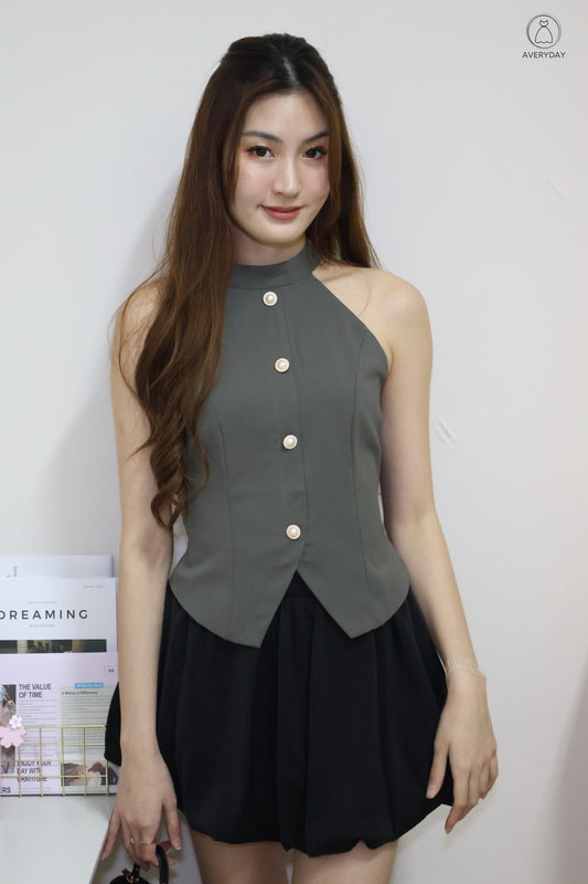 Axelle Pearl Button Halter Top In Camo