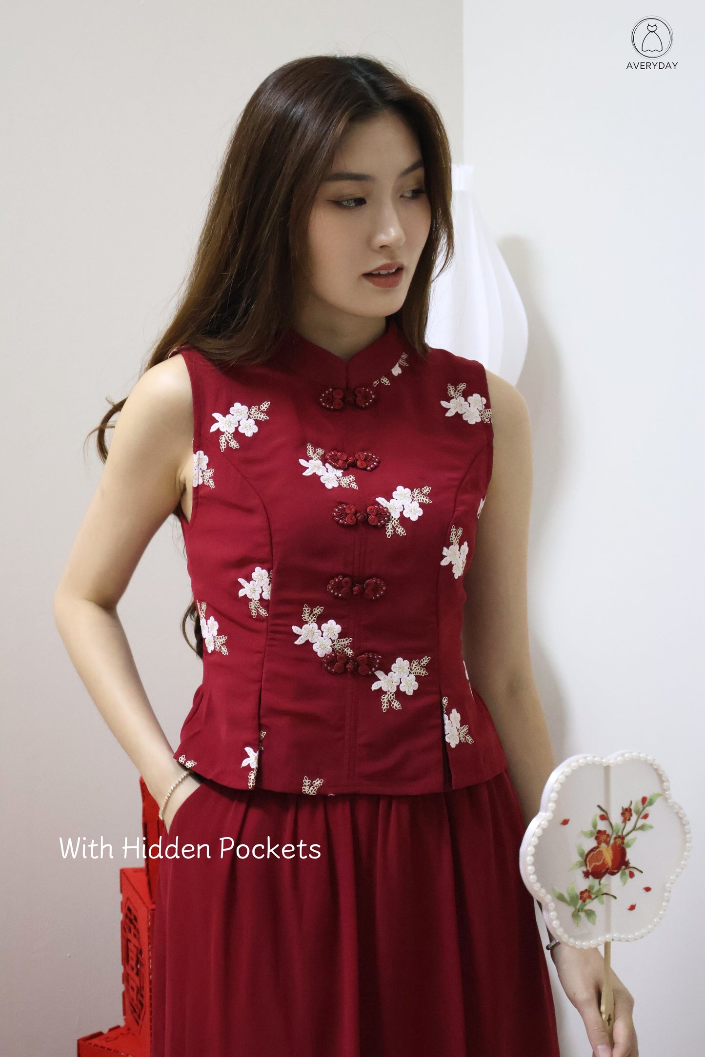 *CNY* Yu Floral Mesh Mandarin Collar Co-Ord Set In Burgundy
