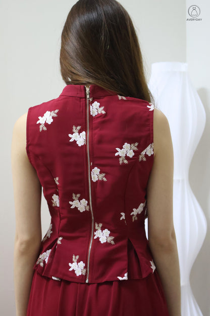 *CNY* Yu Floral Mesh Mandarin Collar Co-Ord Set In Burgundy