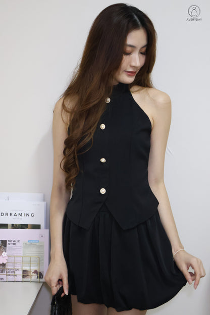 Axelle Pearl Button Halter Top In Black