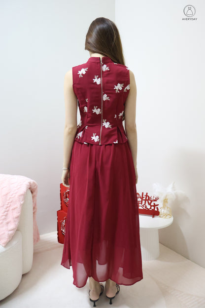 *CNY* Yu Floral Mesh Mandarin Collar Co-Ord Set In Burgundy