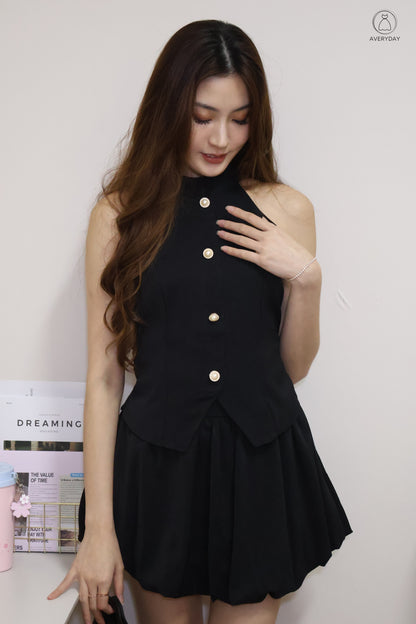 Axelle Pearl Button Halter Top In Black