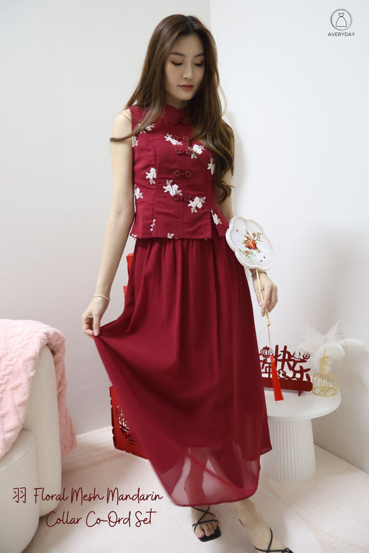 *CNY* Yu Floral Mesh Mandarin Collar Co-Ord Set In Burgundy