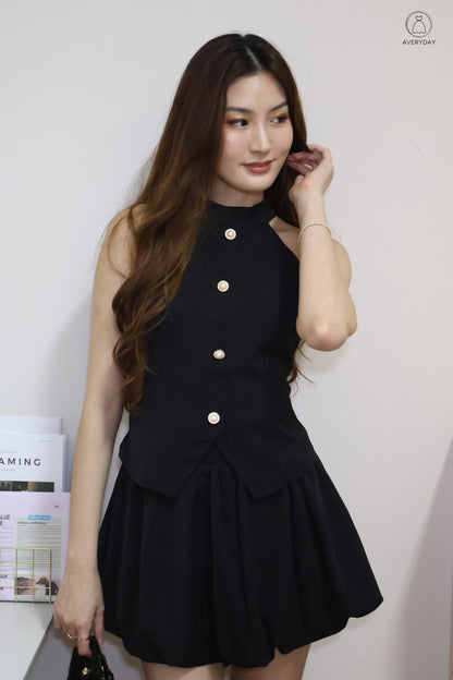 Axelle Pearl Button Halter Top In Black