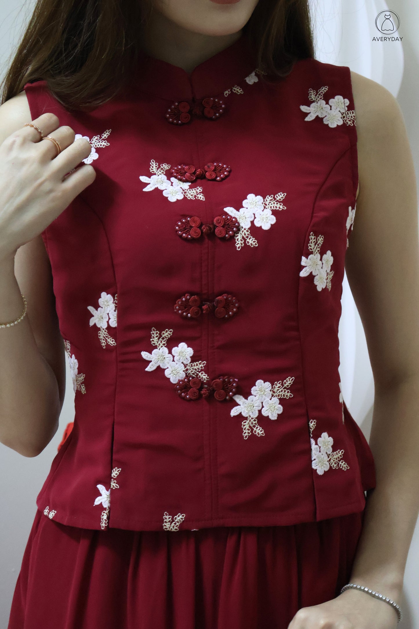 *CNY* Yu Floral Mesh Mandarin Collar Co-Ord Set In Burgundy