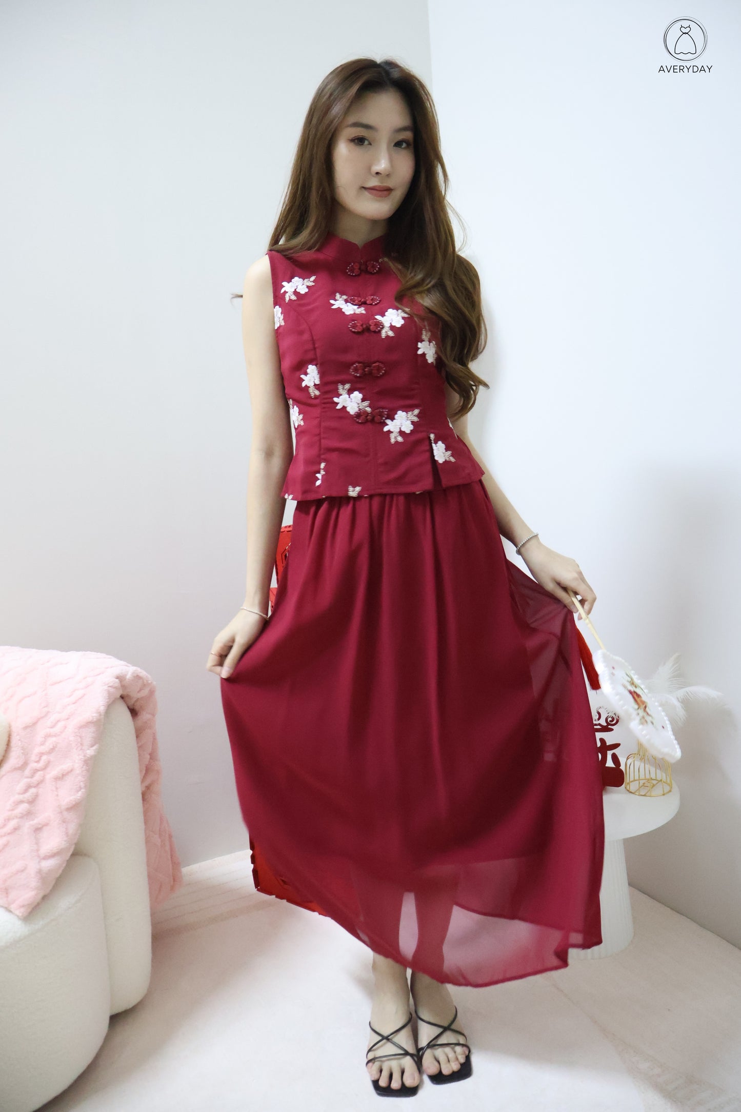 *CNY* Yu Floral Mesh Mandarin Collar Co-Ord Set In Burgundy