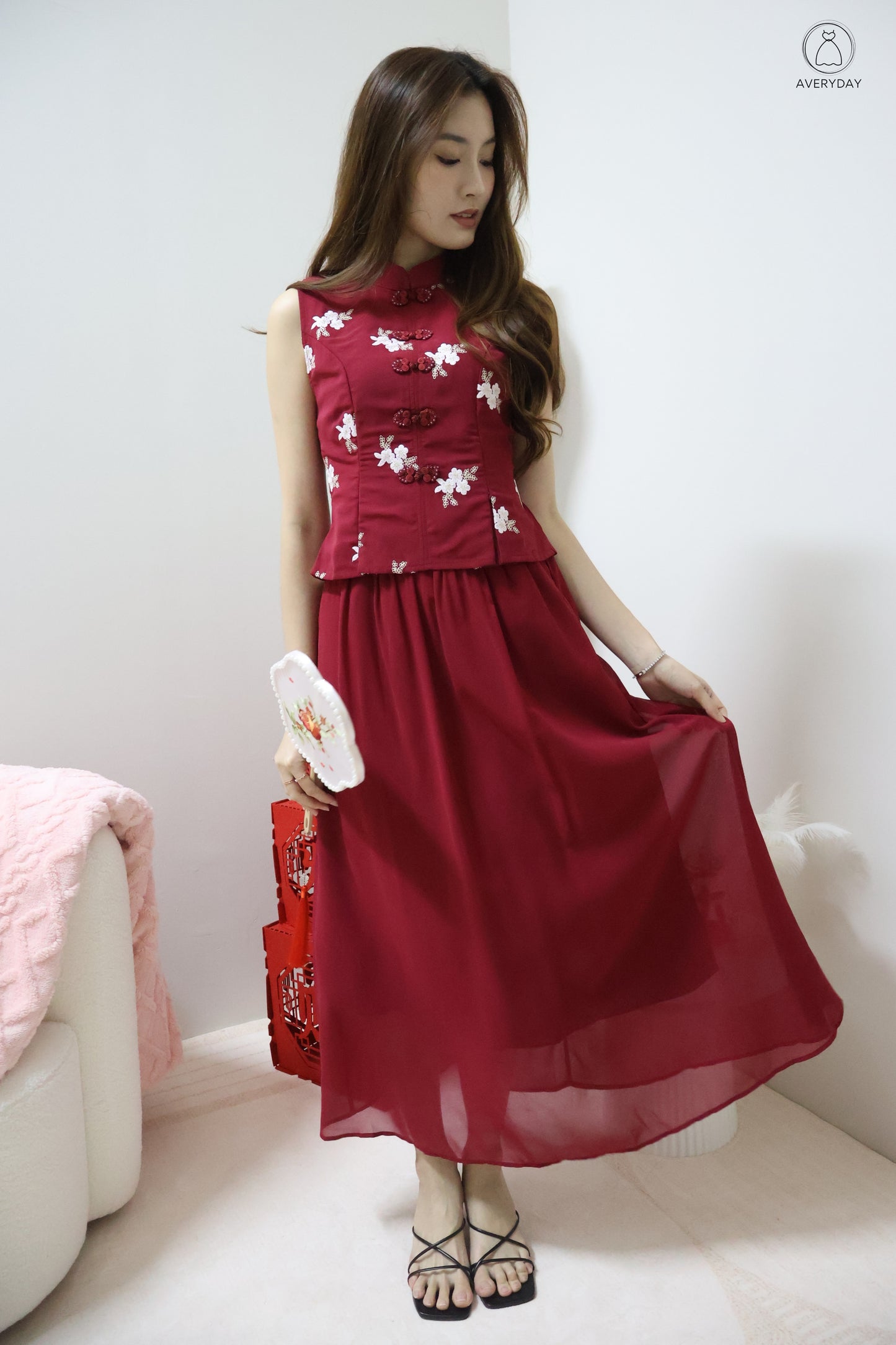 *CNY* Yu Floral Mesh Mandarin Collar Co-Ord Set In Burgundy
