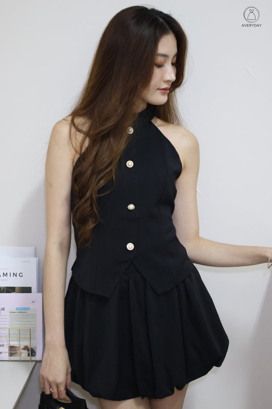 Axelle Pearl Button Halter Top In Black