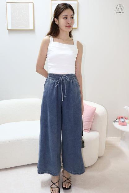 Carine Wide Leg Denim Culottes In Dark Wash