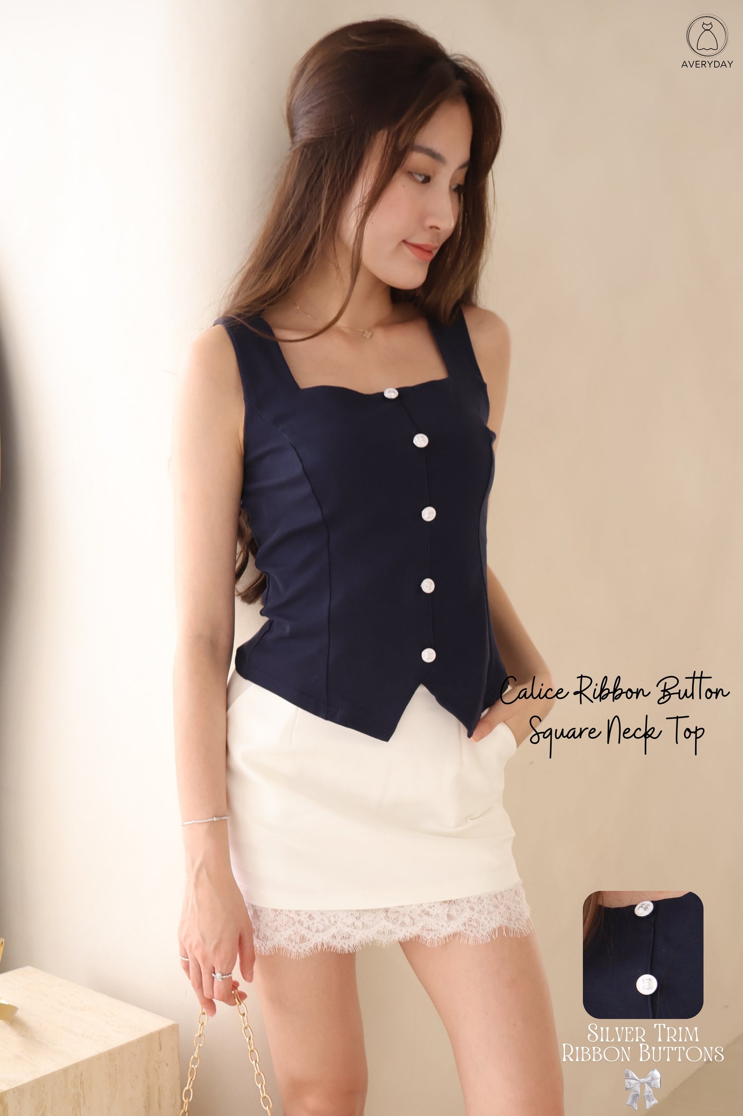 Calice Ribbon Button Square Neck Top In Navy Blue
