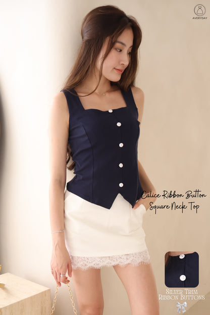 Calice Ribbon Button Square Neck Top In Navy Blue