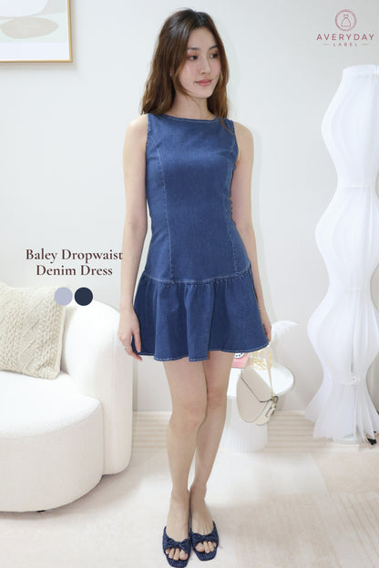 Baley Dropwaist Denim Dress In Mid Wash