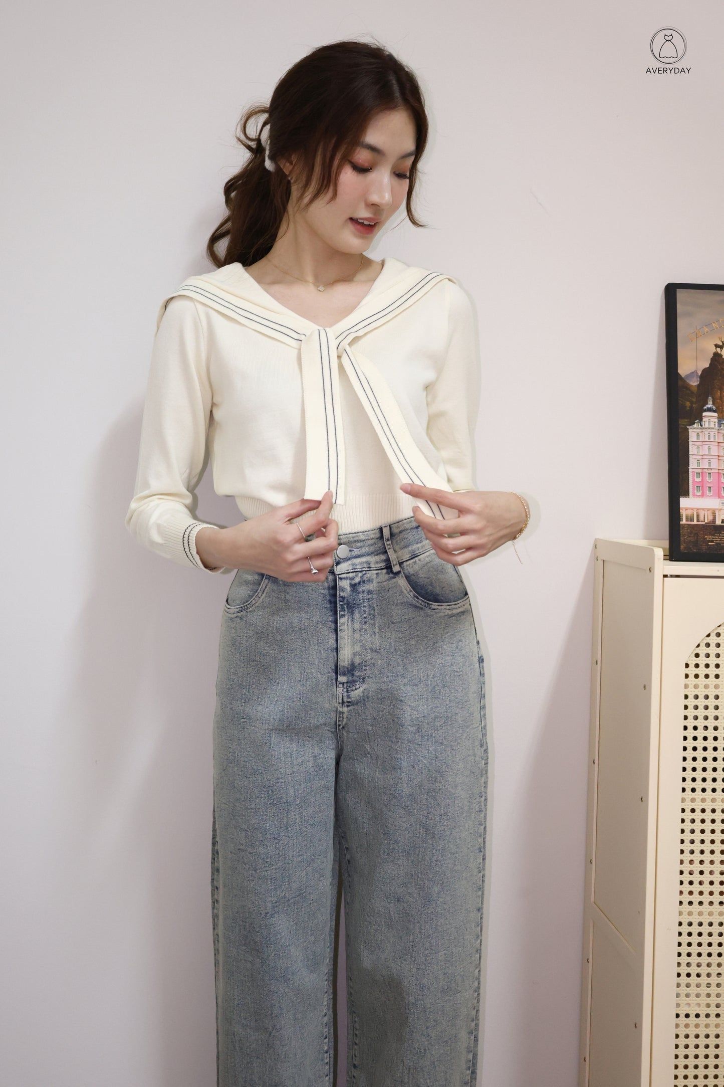 Tayler Nautical Tie Front Knit Top In Cream