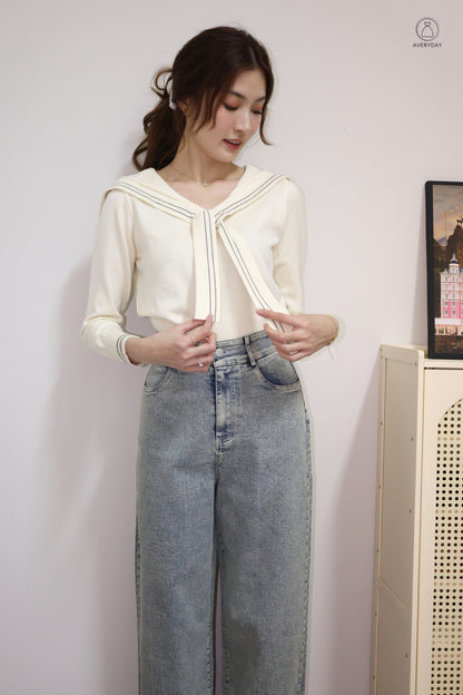 Tayler Nautical Tie Front Knit Top In Cream