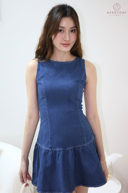 Baley Dropwaist Denim Dress In Mid Wash