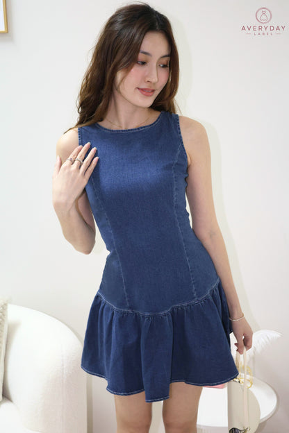 Baley Dropwaist Denim Dress In Mid Wash
