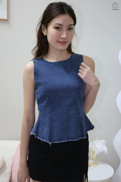 Elowen Denim Peplum Top In Dark Wash