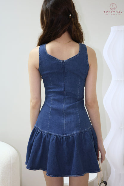 Baley Dropwaist Denim Dress In Mid Wash