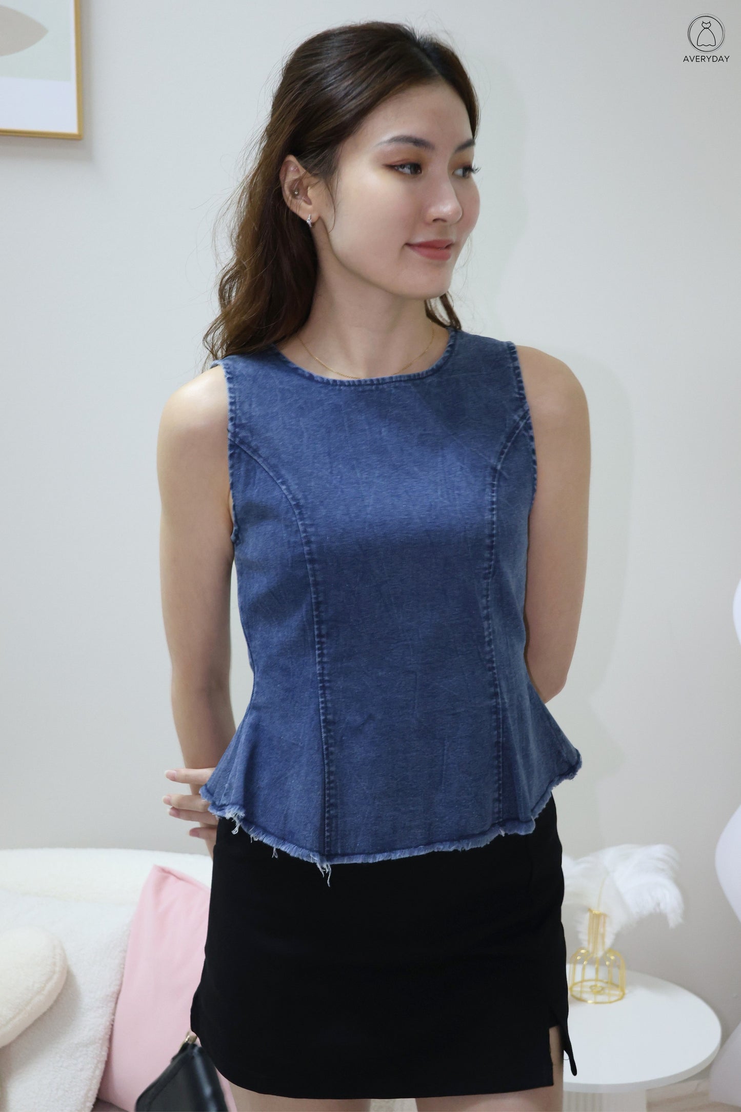 Elowen Denim Peplum Top In Dark Wash