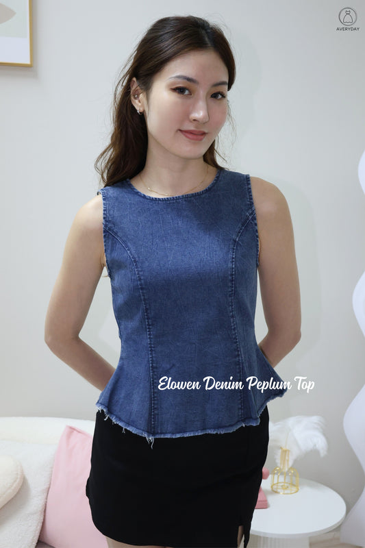 Elowen Denim Peplum Top In Dark Wash