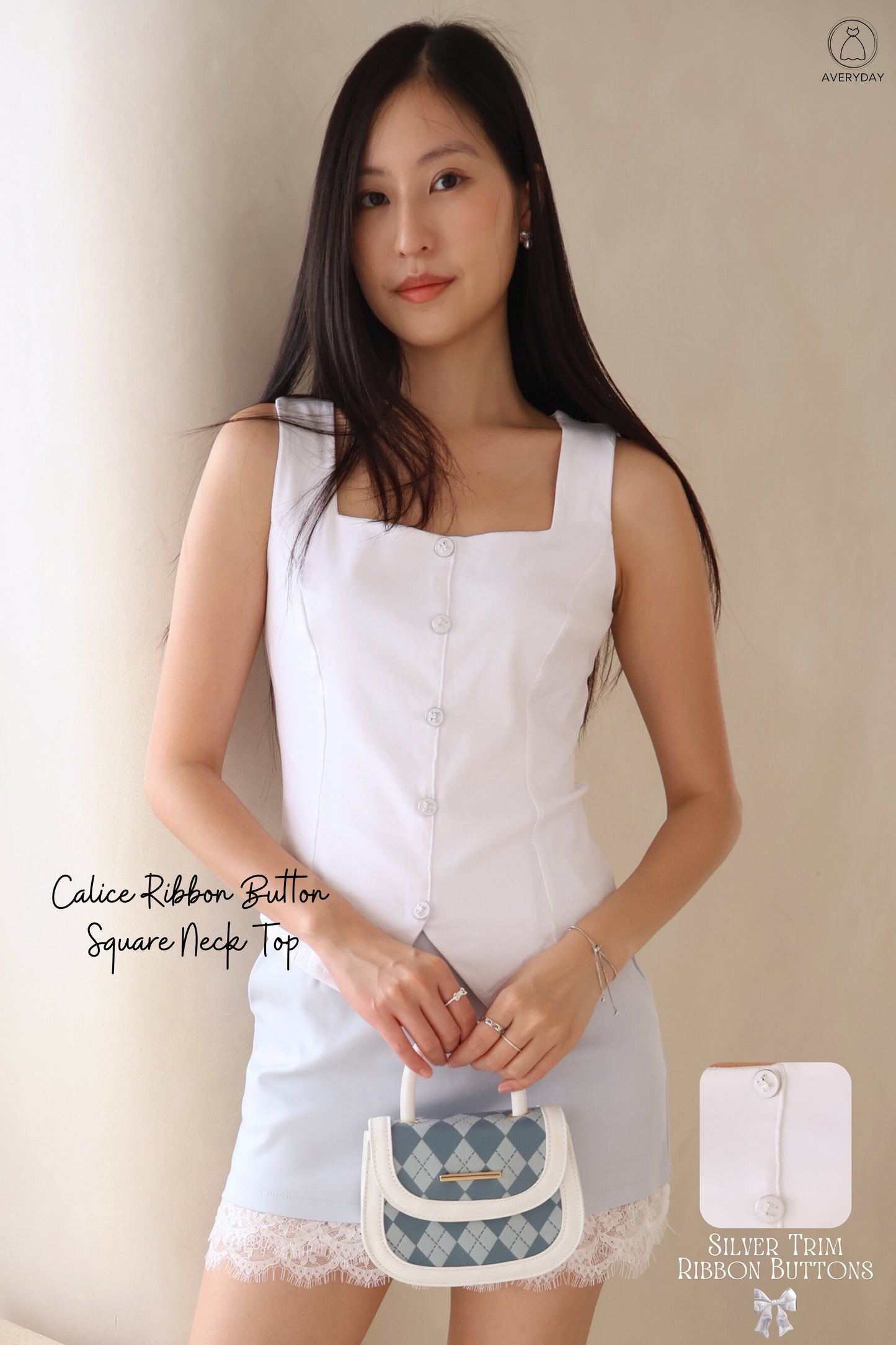 Calice Ribbon Button Square Neck Top In White