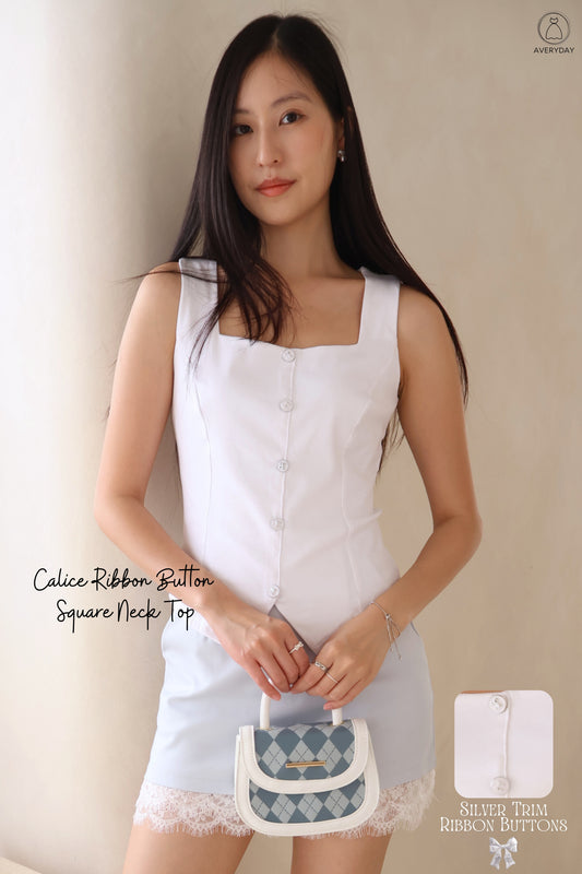 Calice Ribbon Button Square Neck Top In White