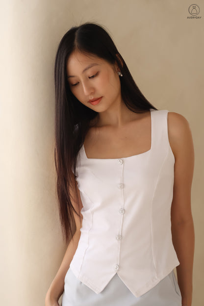 Calice Ribbon Button Square Neck Top In White