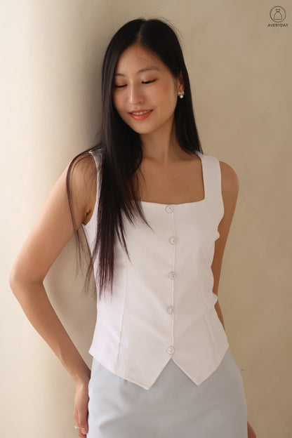 Calice Ribbon Button Square Neck Top In White