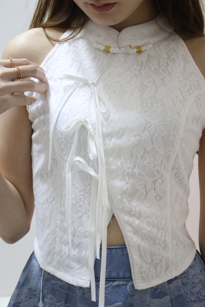 *CNY* 锦庭 (Jǐn Tíng) Dynasty  Ribbon Lace Oriental Top In White