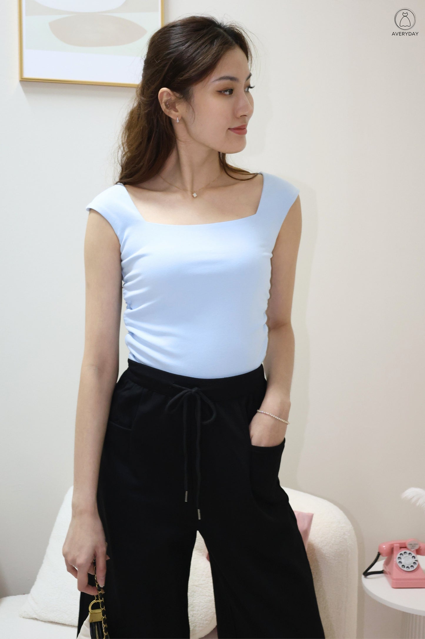 Noelle Square Neck Ruched Top In Blue