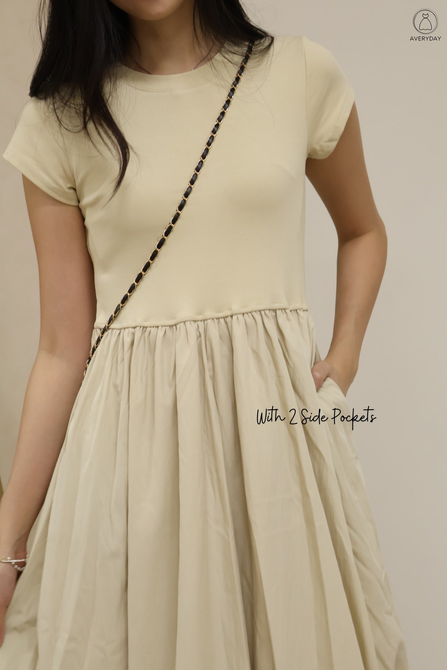 Xena Bubble Hem Pocket Midi Dress In Khaki (With Mini Sling Bag - Black)